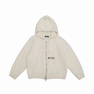 1590$ AMIRI Chunky Zip-Up Wool Hoodie Logo Embroidered Tan Size:XL